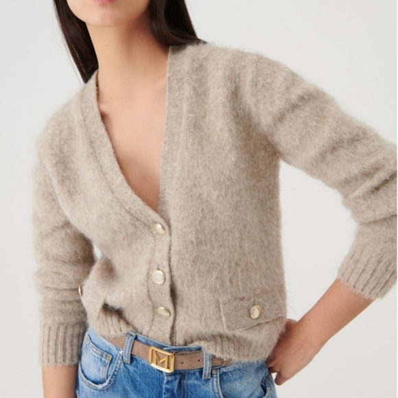 MARELLA Sweaters - Marella Mohair Cardigan Sand Brown Wool Blend Gold Button Front
